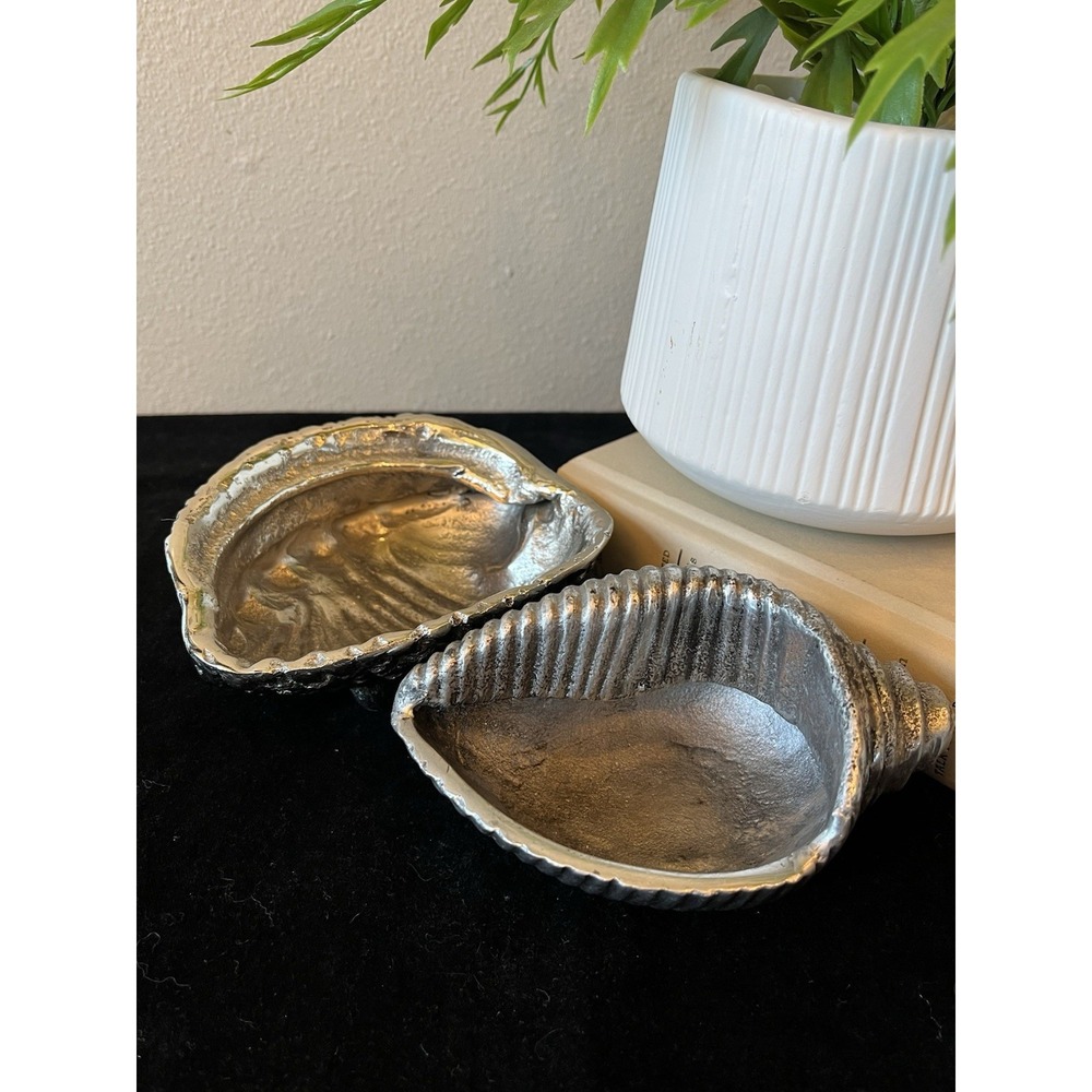 Vintage Metal Seashell Bowls Set 2 Cast Aluminum Clam Conch Shell Trinket Dish